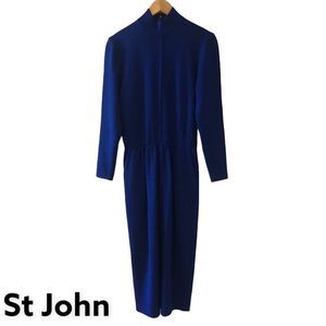 St John vintage blue woven mock neck body contouring long sleeved dress